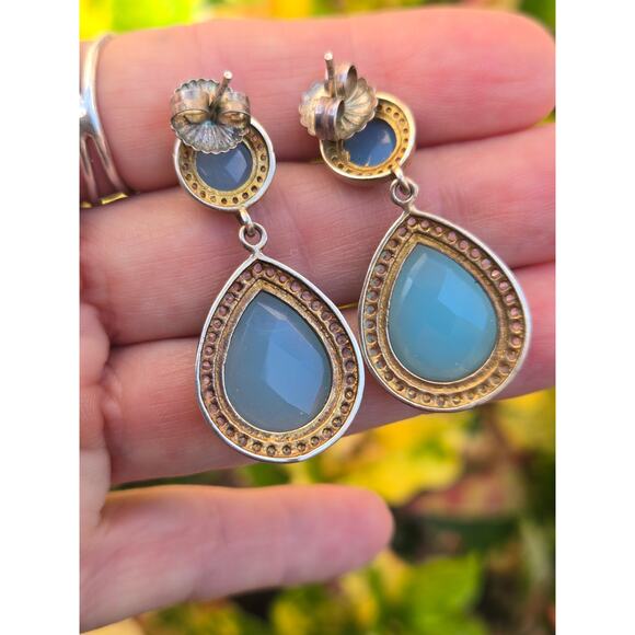 Vintage Pear Blue Chalcedony Fancy Cut, CZ in Sterling, Gold Plated Earrings - Picture 9 of 10